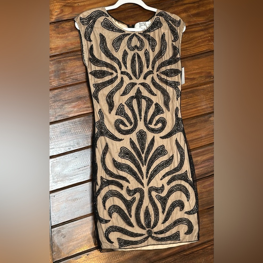 Badgley Mischka Black Beaded Tan Dress size small
